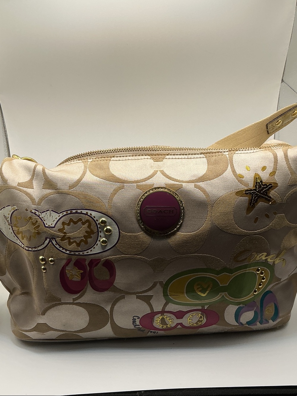 Coach Beige Signature Canvas Wristlet with Pink, Green & Gold Accents